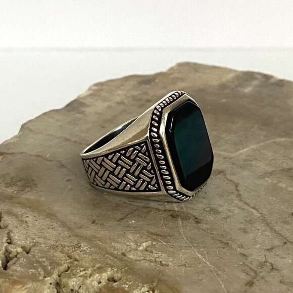Sterling Silver 925 BS Black Onyx Signet Style Basketweave Unisex Band Ring Sz 9 - Picture 13 of 16
